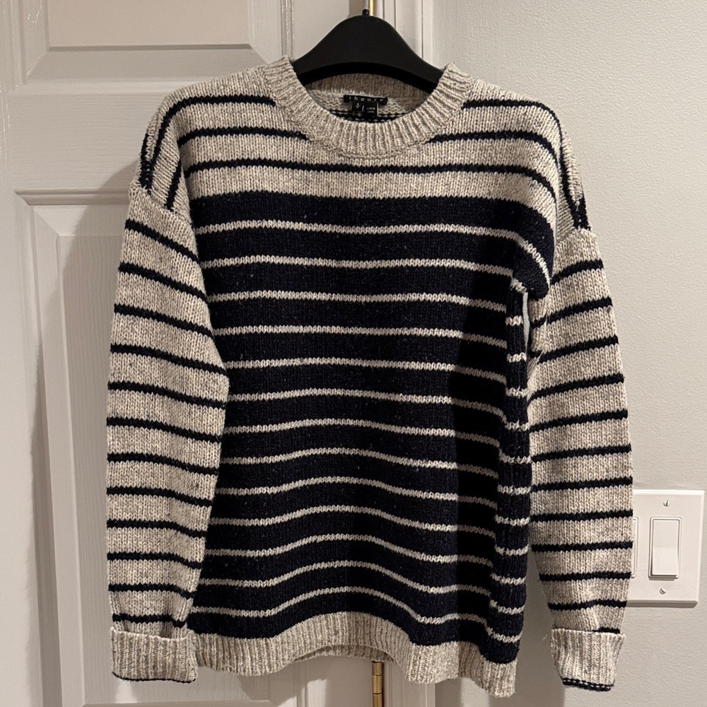 Theory Wool Blue and Gray/Tan Striped Crewneck Sweater. Size Small but Boxy.